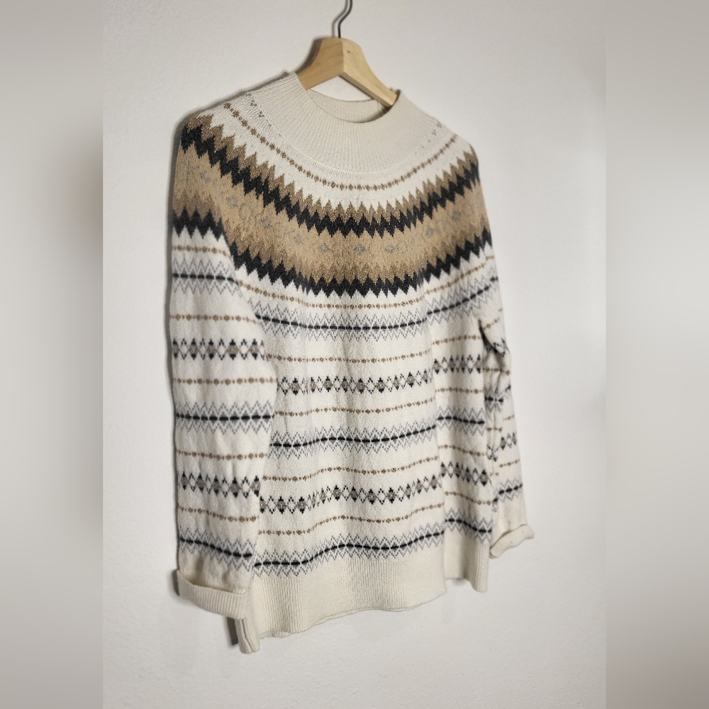 Calvin Klein White and Brown Patterned Turtleneck Sweater